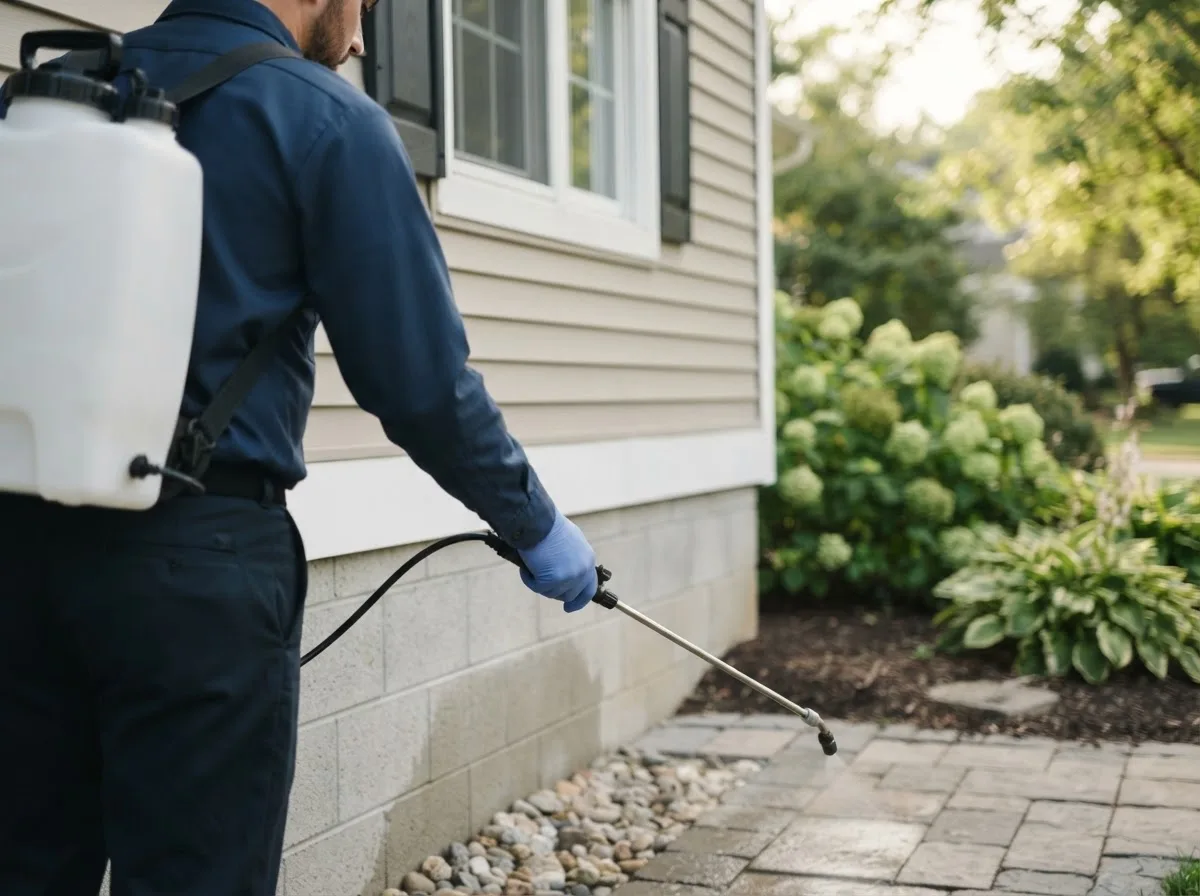 Pest control technician inspecting a home in Olmstead, KY